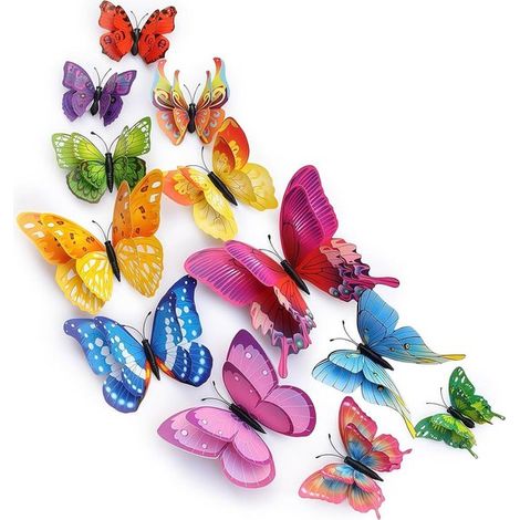 Juego de 12 pegatinas de pared de mariposas 3D de doble capa (colores surtidos)，Magnéticas y autoadhesivas，ventanas o superficies de hierro (1/5)
