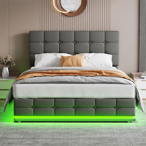 4ft6 Ottoman King Bed with LED Lighting, PU Leather Upholstered Bed, Tufted Headboard, No Box Spring Needed, Grey, 135x190cm (No Mattress) (1/5)