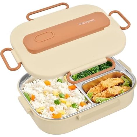 Boite Repas étanche 1500ml, Bento Lunch Box avec 3 Compartiments et Couverts, Bote à Déjeuner en Acier Inoxydable, Boite à Lunch Hermétiques pour Enfant Adulte, Micro-ondable pour L'école, Bureau (A) (1/5)