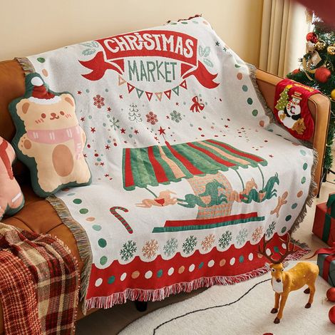 Weihnachtsdecken, gewebte Baumwoll-Tagesdecken mit Quasten, weihnachtlicher Jacquard-Wandteppich, warme Dekodecke, Sofadecke, 160 x 130 cm (1/5)