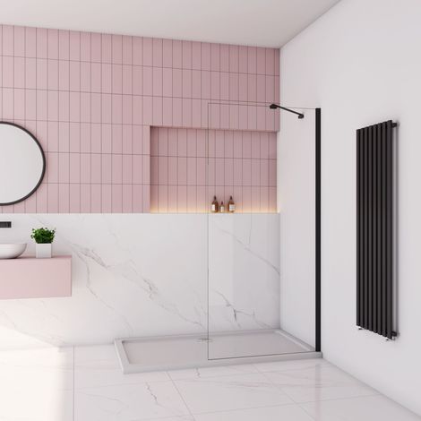 Paroi de douche à l’italienne anticalcaire 8mm walk-in 50x200cm avec barre de fixation d’ angle noir 45cm, profilé en noir mat