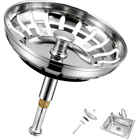 Bouchon Evier Cuisine 79mm, Filtre Evier Universel en Acier Inoxydable, Bouchon Évier Universel avec Filtre Anti-Obstruction 2-en-1, Bonde avec Goujon Excentrique Réglable et Goujon INOX (1/5)
