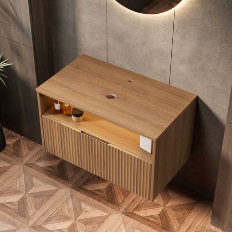 Mobile bagno sospeso 80 cm con cassetto, compensato, rovere marrone, OKWISH (1/5)