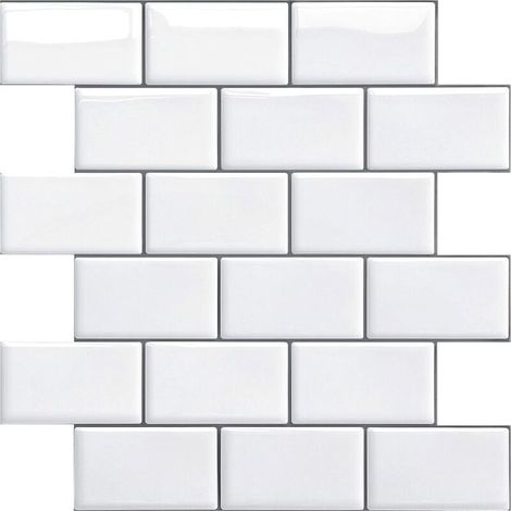 Credence Adhésif pour Cuisine Salle de Bain, Faux Carrelage Adhésif Mur Blanc Credence Cuisine Adhésif, Imperméable Metro 3D Carrelage PVC Adhésif Mural, 4 Pièces (Blanc, 4 Feuilles) (1/4)
