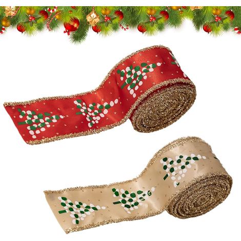 Lot de 2 rouleaux de ruban de Noël en toile de jute scintillante avec bords métalliques pour décoration de fête, fenêtre, jardin, guirlande, maison (1/5)
