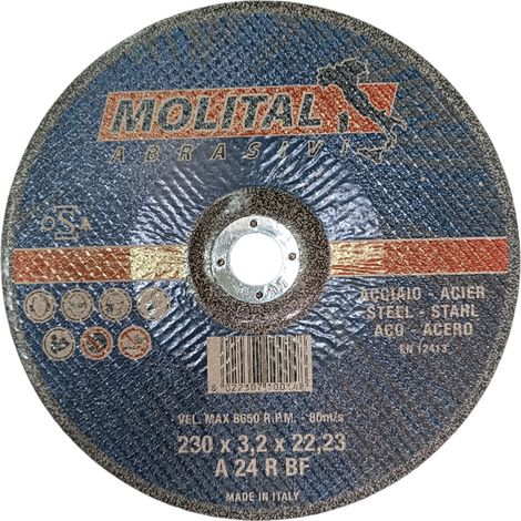 DISCO TAGLIO FERRO ACCIAIO 230mm DISCHI CENTRO DEPRESSO SMERIGLITRICE MOLITAL, "230x3,2x22"