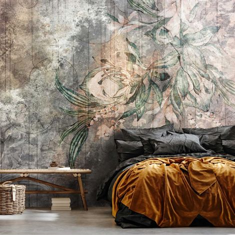 Vlies Fototapete Blumen 150x105 cm, Tapeten, für Wohn und Schlafzimmer, Vliestapete Wandtapete Tapete 3D Effekt- inkl. Kleister - tropisch botanisch Beton, WallArena (1/4)