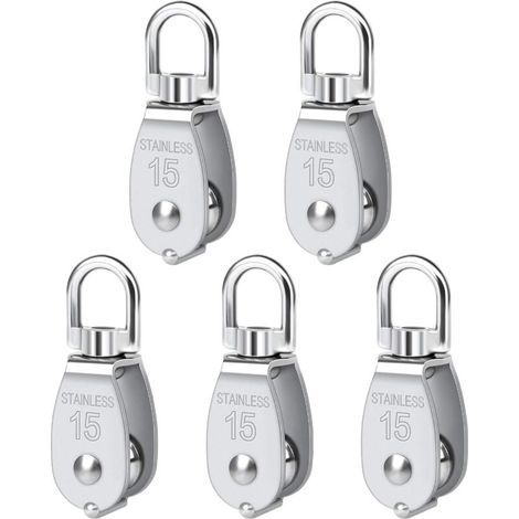 Juego de 5 poleas giratorias M15, polea simple de acero inoable de alta resistencia, polea simple de bloque liso, capacidad de carga de 35 kg (1/5)