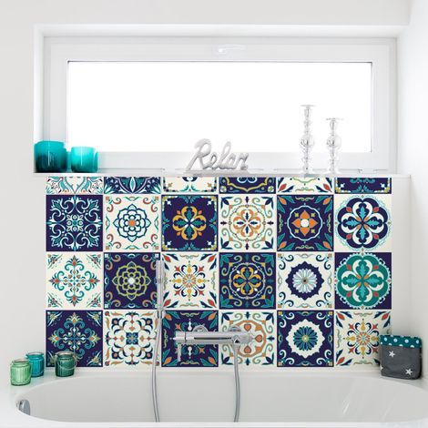30 Stickers adhésifs carrelages Sticker Autocollant Carreaux de ciment Mosaïque carrelage mural salle de bain et cuisine Carreaux de ciment adhésif mural azulejos 15 x 15 cm 30 pièces (1/4)