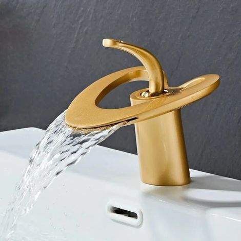 Robinet de lavabo - Style cascade - Montage sur comptoir - Mitigeur monocommande - Monotrou - Eau chaude et froide - Cartouche céramique - Laiton - Or brossé