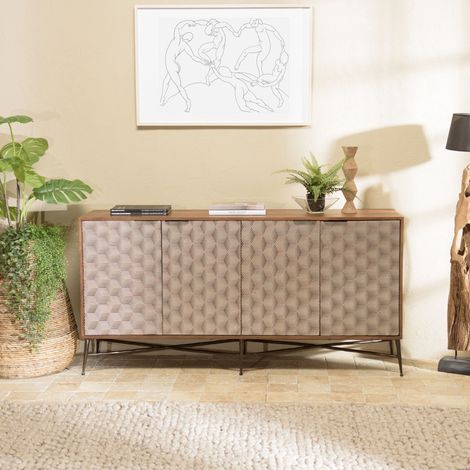 ALIX - Buffet en bois de manguier 4 portes motifs ethniques (1/5)