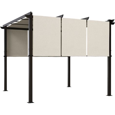 Pergola - Outsunny - avec 3 toiles coulissantes - 3 x 3 x 2,38 m - structure acier noir toile polyester haute densité - beige