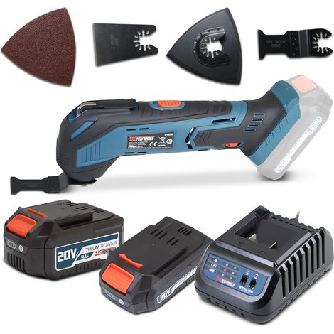 Outil multifonctions sans fil 20V + accessoires - Livré avec 1 batterie 2Ah, 1 batterie 4Ah et un chargeur rapide. (1/4)