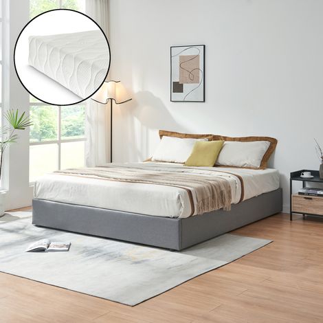 Letto Matrimoniale Contenitore Nola 160x200 cm con Materasso Apertura a Ribalta Rivestito in Tessuto Lino - Grigio [en.casa]