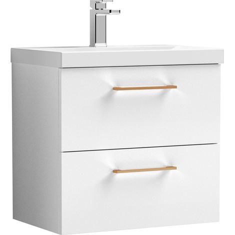 Balterley 600mm Wall Hung Bathroom 2 Drawer Vanity Unit and 1 Tap Hole Ceramic Basin, Gloss White with Copper Handles