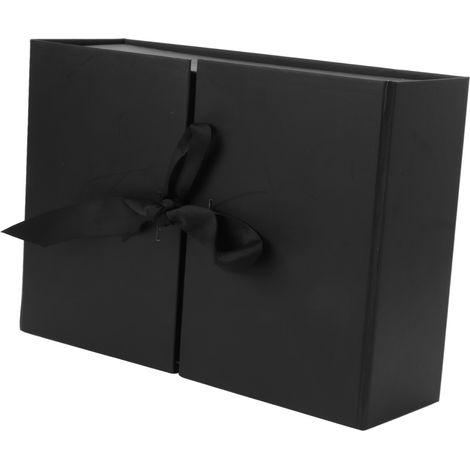 Coffret Cadeau Double Porte avec Noeud, Réutilisable, 26x19x8cm, Papier Décoratif Pliable, Boîte d'Emballage Noire (1/5)
