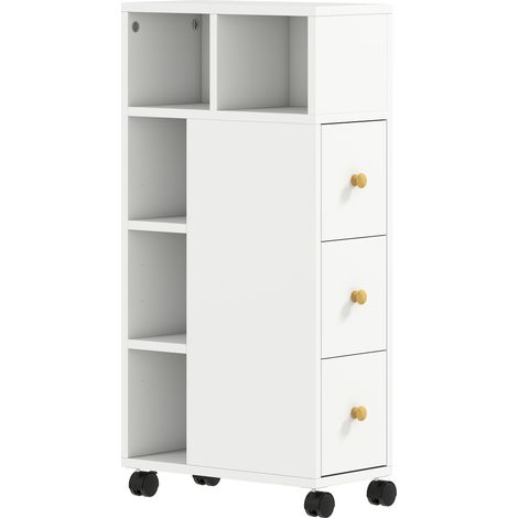 Meuble salle de bain sur roulettes, rangement étroit, 3 tiroirs, 5 casiers ouverts, 20x40x80cm, blanc (1/5)