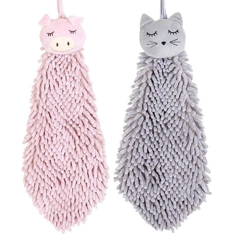 Lot de 2 serviettes mignonnes, douces et amusantes à motifs chat et cochon. Absorbantes. (1/4)