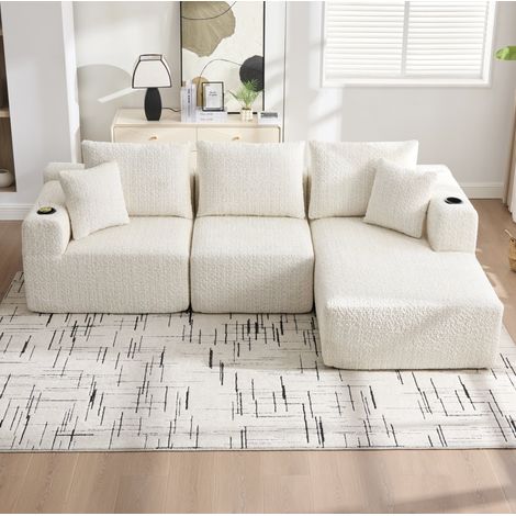 Modulares 3-Sitzer-Ecksofa aus beigem Stoff mit Getränkehalter und Taschen HAVRYA (1/5)