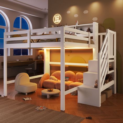 Lit mezzanine enfant 140x200 cm avec LED, escalier de rangement, étagères, garde-corps, pin et MDF blancs (1/5)