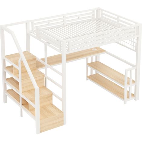 Letto a soppalco 140 x 200 cm in metallo bianco con scrivania, ripiani, LED e porte USB (1/5)