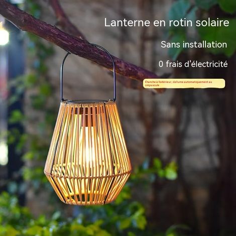 Lanterne solaire en rotin synthétique, lampe décorative extérieure étanche pour jardin terrasse et balcon, lumière chaude, dimensions 36 x 17,5 cm, installation suspendue ou posée (1/4)