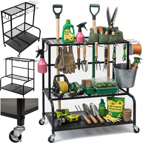 Supporto/scaffale porta attrezzi da giardino con ganci, 3 ripiani in metallo