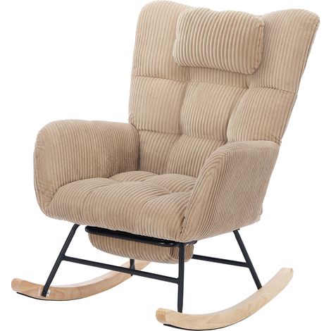 Fauteuil à bascule marron, chaise à bascule moderne rembourrée en tissu de qualité pour chambre d'enfant, avec siège rembourré, dossier haut, accoudoirs et base invisible, avec coussin cervical (1/5)