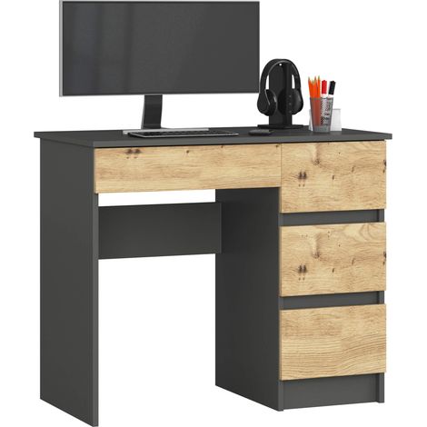 Akord – Bureau droit 90 cm – 4 tiroirs – Façade chêne artisan – Corps gris graphite – Dimensions 90x50x77 cm – Panneau stratifié (1/4)