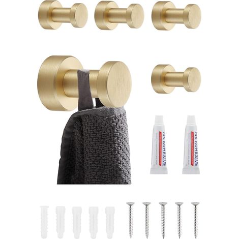 Lot de 5 crochets muraux en métal inoxydable pour salle bain et cuisine - Autocollants ou montage mural Doré brossé Or Brossé.'Or Brossé. (1/5)