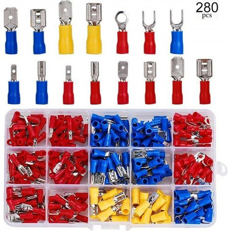 Coffret 280 cosses électricien,Cosses Electriques a Sertir, 280 PCS Cosse Electrique Isolée, Connecteurs électrique a sertir, Cosses et kits, Assortiment Connecteurs Ronde Cosses Plates Cosses Femelle (1/5)