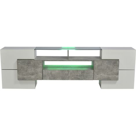 Meuble TV bas 200 cm blanc brillant LED plateau verre design moderne