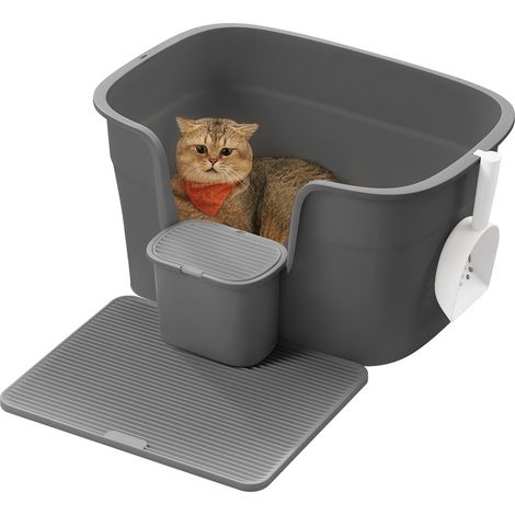 Bac à Litière pour Foyers Multi-Chats, Litière Extra Large avec Paroi Latérale, Avec un Tapis de Litière, Boîte de Rangement, Pelle, pour Grand Chat, Gris Ardoise (1/5)
