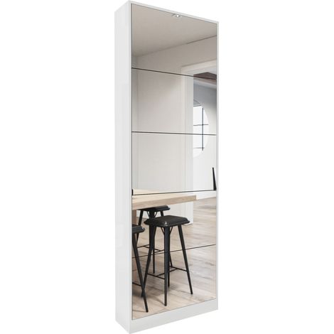 Mobile portascarpe con specchio a figura intera, bianco, 5 ante ribaltabili, MDF (1/5)