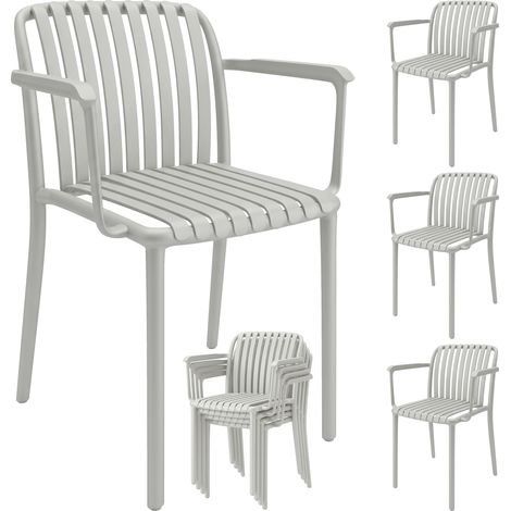 Ensemble de 4 chaises de jardin empilables avec accoudoirs, design à lattes en plastique, grises (1/5)