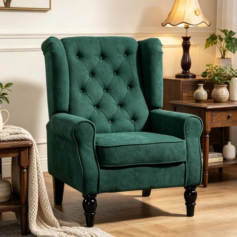 Poltrona a orecchioni 74x86x102 cm in tessuto effetto tela verde scuro capitonné - MEUBLIV (1/5)