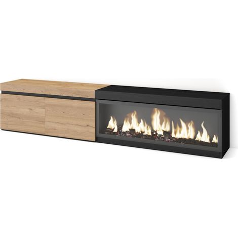 Skraut Home - Mueble TV, Televisión, Muebles de salón, almacenaje, 210, Para TV hasta 80", Chimenea eléctrica XXL, Estilo Moderno, Roble y negro (1/5)