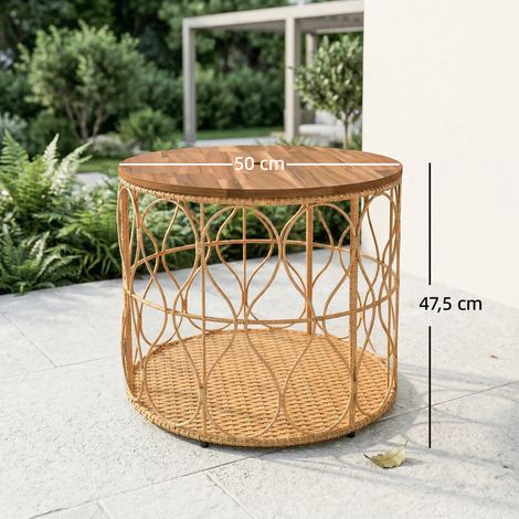 Beistelltisch Ø50 cm wetterfest Gartentisch mit Rattanoptik Akazienholzplatte verstellbaren Füßen Teak (1/5)