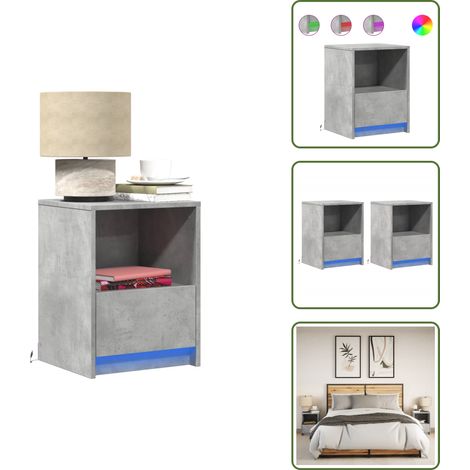 Nachttische mit LED-Leuchten 2 Stk. Betongrau Holzwerkstoff - Nachttisch - Nachttische - Nachtschrank - Nachtkonsole