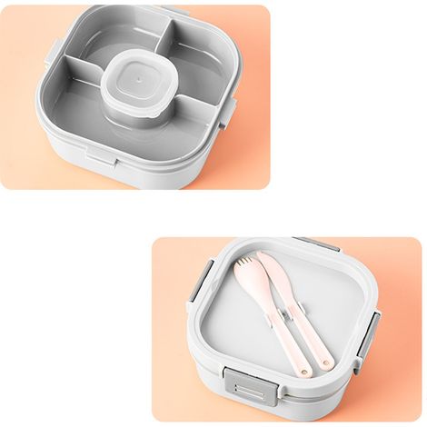 Boîte à salade à double compartiment, compartimentée en plastique, compatible micro-ondes, idéale pour les fruits, les pique-niques légers et les repas au bureau, blanche - 1700 ml (1/5)