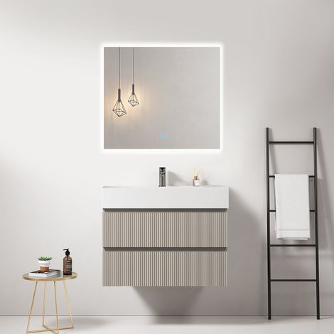 Mobile bagno sospeso cannettato 80 cm Grigio Cenere Lavabo in Resina Specchio Quadro Retroilluminato - Fiji Paint (1/4)
