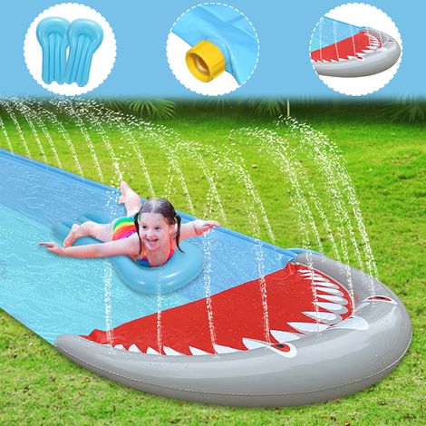 Jiubiaz Doppel-Wasserrutsche 550x145cm mit 2 Bodyboards, Sprinkler & Aufblasbarem Aufprallschutz, Faltbar für Garten & Rasen (1/5)