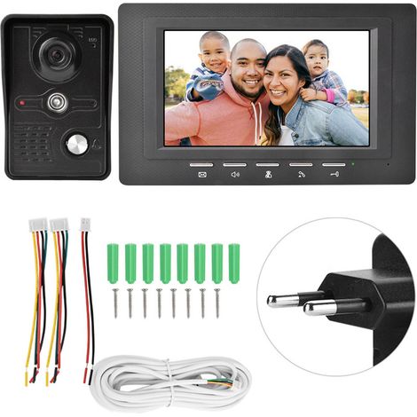 Kit Interphone Vidéo Portier avec Écran TFT LCD 7 Pouces, Sonnette Caméra 700TVL Vision Nocturne, Alimentation EU 100-240V (1/5)