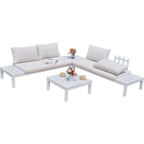 Conjunto de Exterior Jardín Alcocebre Estilo Contemporáneo en Color Blanco con 2 Sofás y 2 Mesas de Centro (CON Cojines) (1/5)