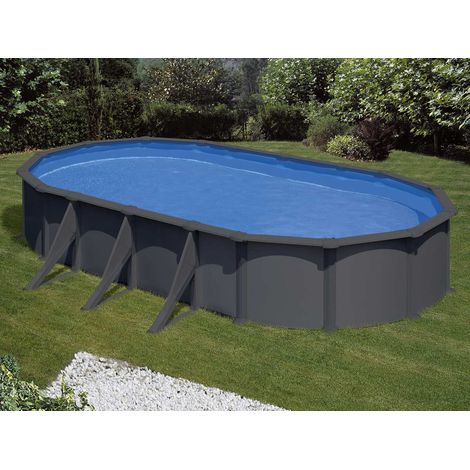 GRE – Piscine hors sol ovale acier 7,44m x 3,99m x H: 1,32m – Gris anthracite – Filtration à sable 6m³/h – Volume 28m³ – Renforts apparents (1/10)