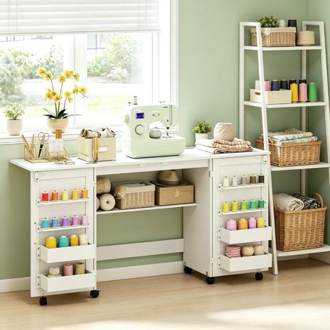 Tavolo da cucito pieghevole con ruote, 2 ante magnetiche, 4 contenitori e 20 port rocchetti 160x40x81,5 cm, bianco (1/5)