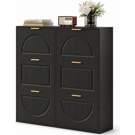 Meuble à chaussures 6 abattants noir avec étagères ouvertes, faible profondeur 25 cm, rangement d'entrée et de couloir en MDF avec fixation anti-basculement  CHICFURN (1/5)