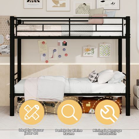 Lit superposé en métal noir classique, dimensions du lit inférieur 90x190 cm, avec échelle et garde-corps, transformable en deux lits simples, sans matelas à ressorts. (1/5)