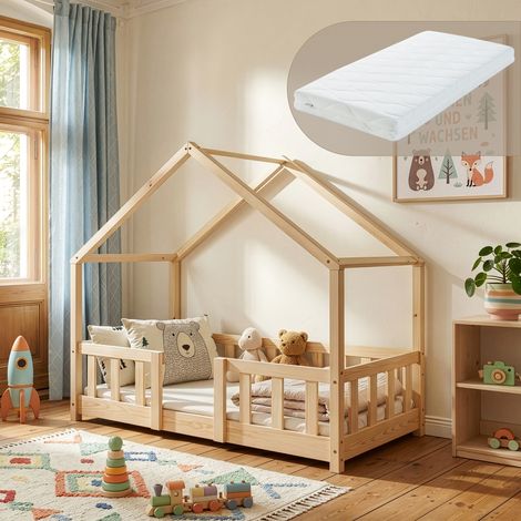 Kinderbett Treviolo 70x140 cm mit Kaltschaummatratze und Gitter Holz Natur [en.casa] (1/5)
