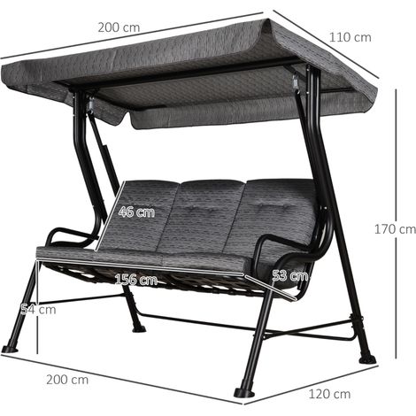 Balançoire de jardin 3 places, balancelle Hollywood avec auvent ajustable, Textiline gris 200x120x170 cm, hamac suspendu pour terrasse et extérieur. (1/5)